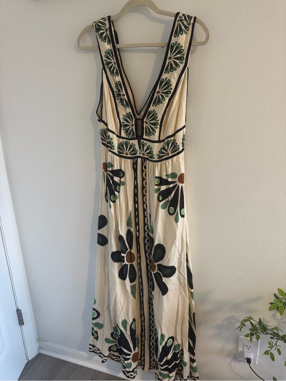Farm Rio Cream Maxi Dress with Green & Black Floral Print - Picture 2 of 6